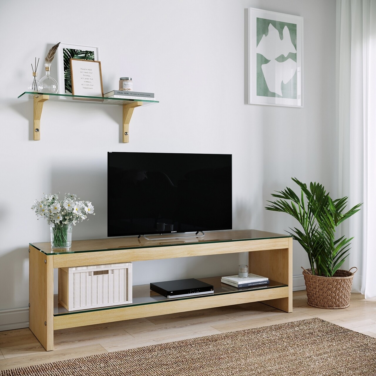 Comoda TV cu raft de perete Neostill TV302, 140 x 45 cm/70 x 25 cm, oak - imagine 6